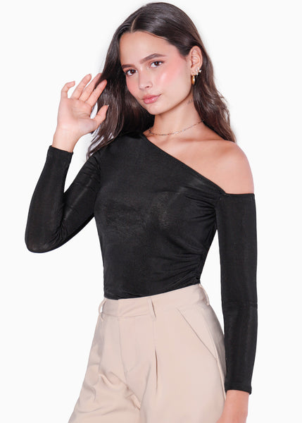 Blusa manga larga con un hombro descubierto color negro para mujer - Flashy