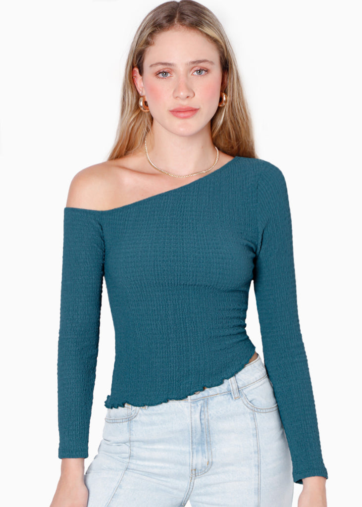 Blusa manga larga con un hombro descubierto y ruedo asimétrico color azul para mujer - Flashy