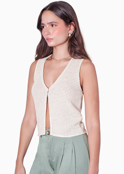 Blusa sin mangas con broches en frente y abertura color blanco, marfil para mujer - Flashy