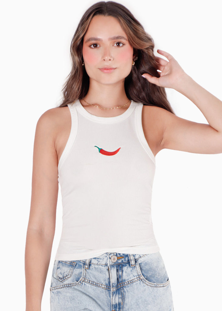 Blusa sin mangas con cuello halter y bordado color blanco, marfil para mujer - Flashy