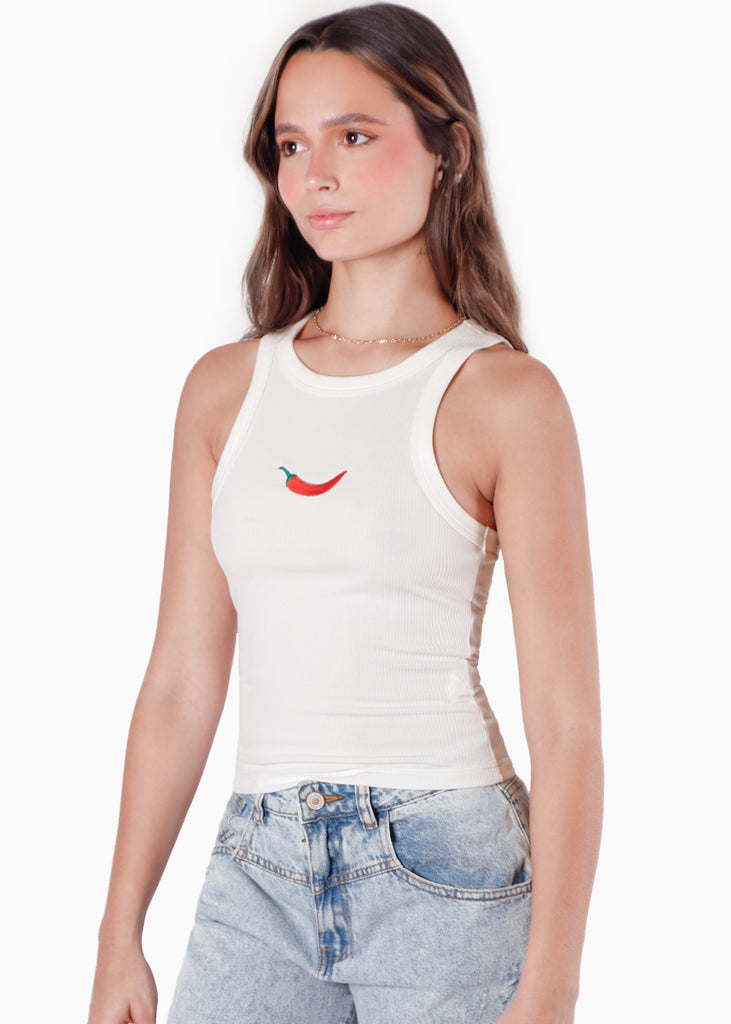 Blusa sin mangas con cuello halter y bordado color blanco, marfil para mujer - Flashy