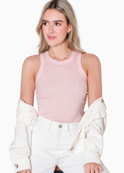 Blusa sin mangas con cuello halter y perlas color rosado para mujer - Flashy