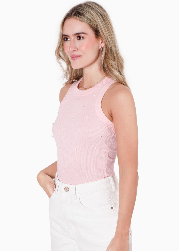 Blusa sin mangas con cuello halter y perlas color rosado para mujer - Flashy