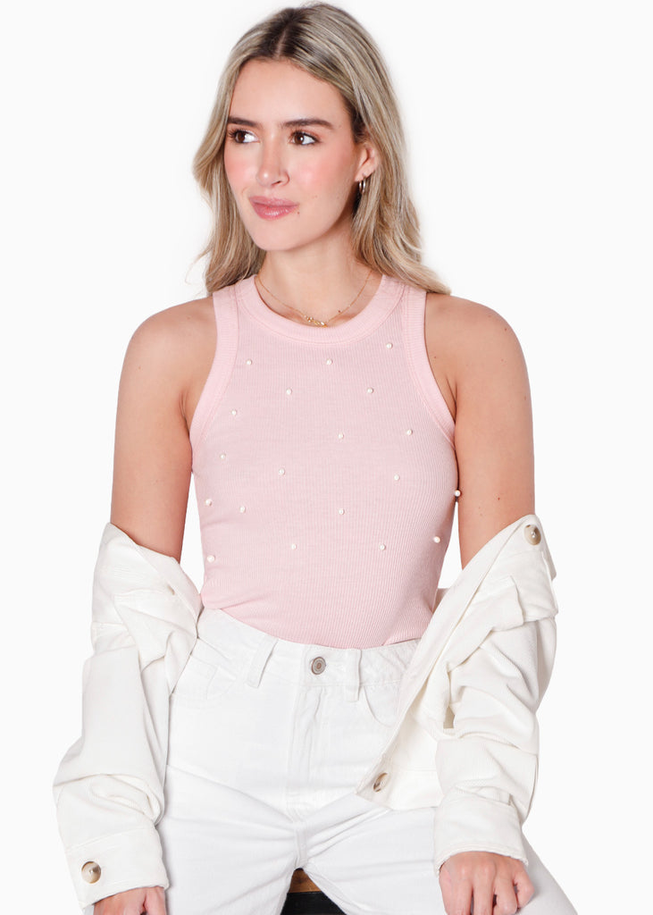 Blusa sin mangas con cuello halter y perlas color rosado para mujer - Flashy