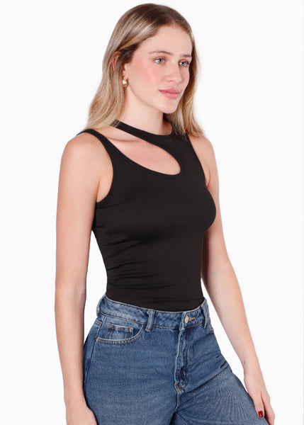 Blusa sin mangas con cut out en escote color negro para mujer - Flashy