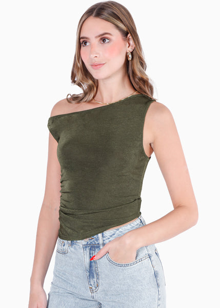 Blusa sin mangas con escote asimétrico color verde para mujer - Flashy