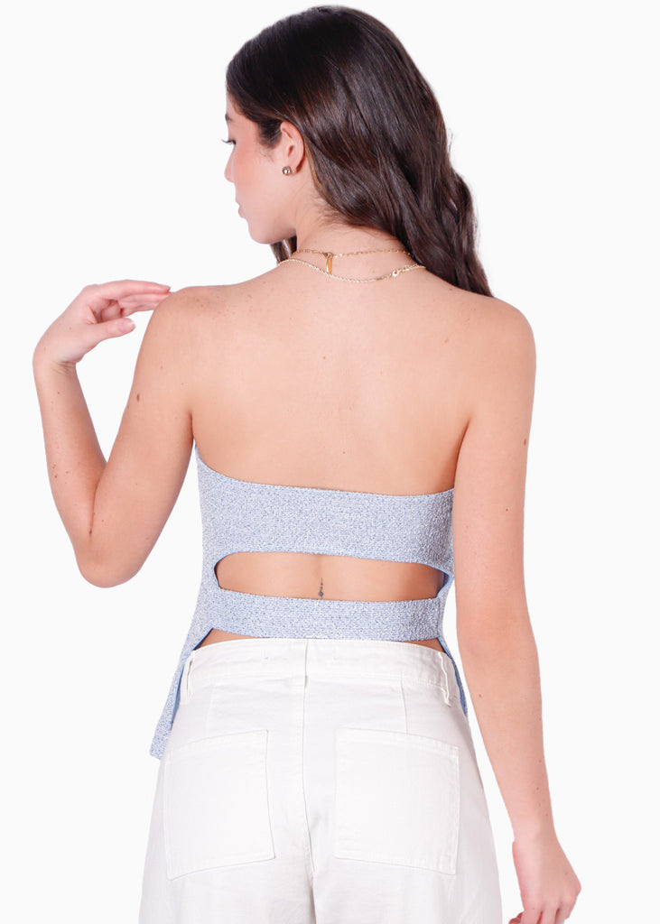 Blusa strapless con abertura en espalda color azul para mujer - Flashy