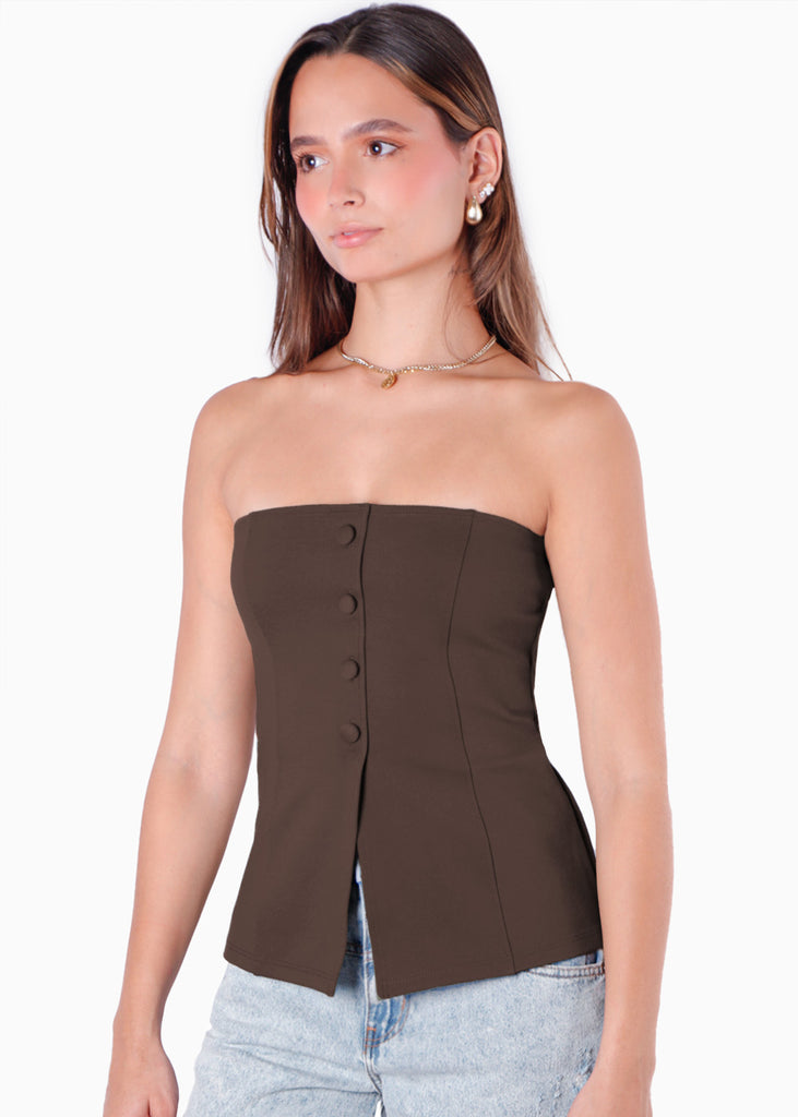 Blusa strapless con botones color café para mujer - Flashy