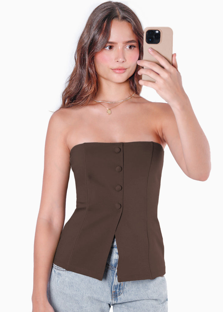 Blusa strapless con botones color café para mujer - Flashy