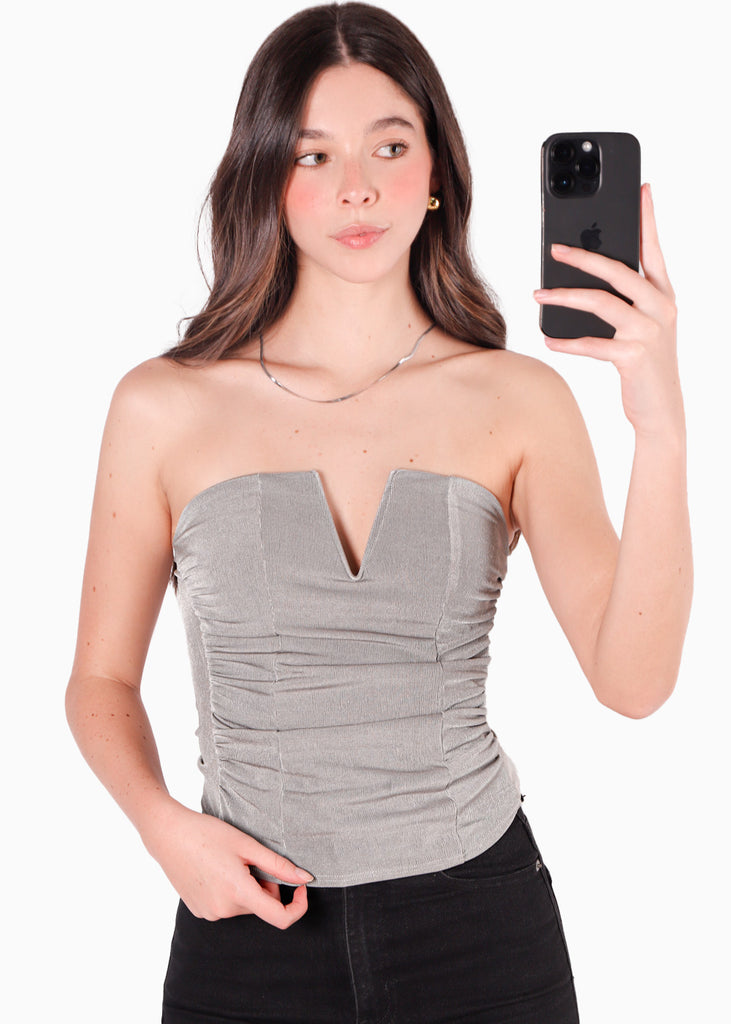 Blusa strapless con escote en v color gris para mujer - Flashy