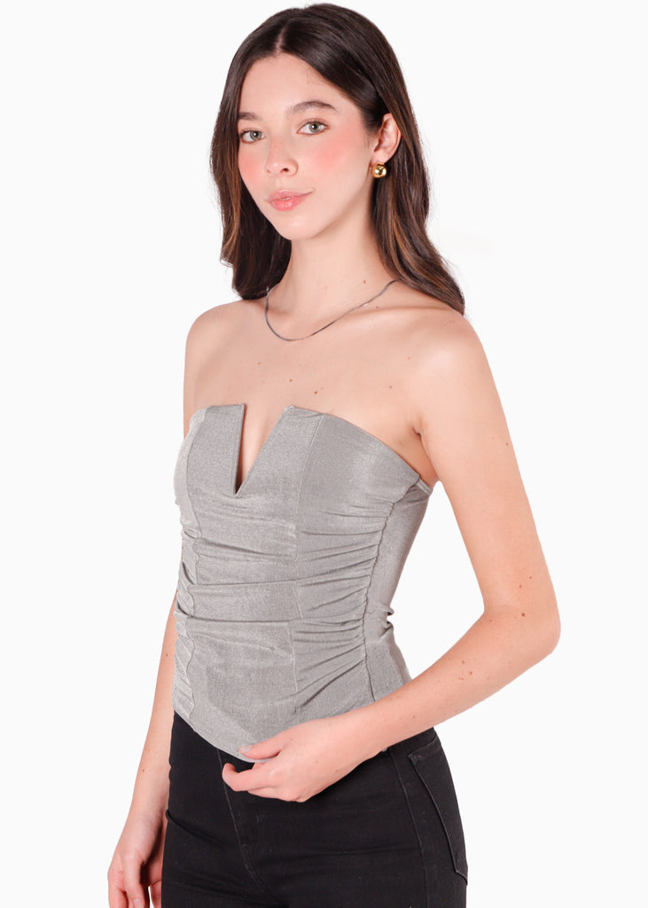 Blusa strapless con escote en v color gris para mujer - Flashy