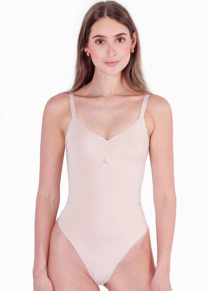 Body de tiras moldeador con control de abdomen color beige para mujer - Flashy