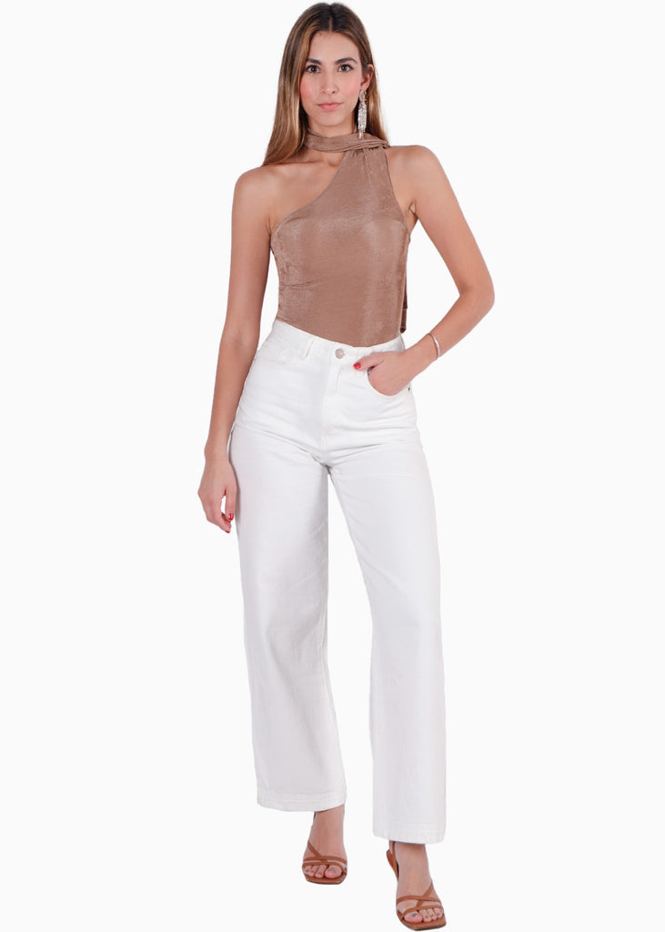 Body de un solo hombro con gargantilla color beige para mujer - Flashy