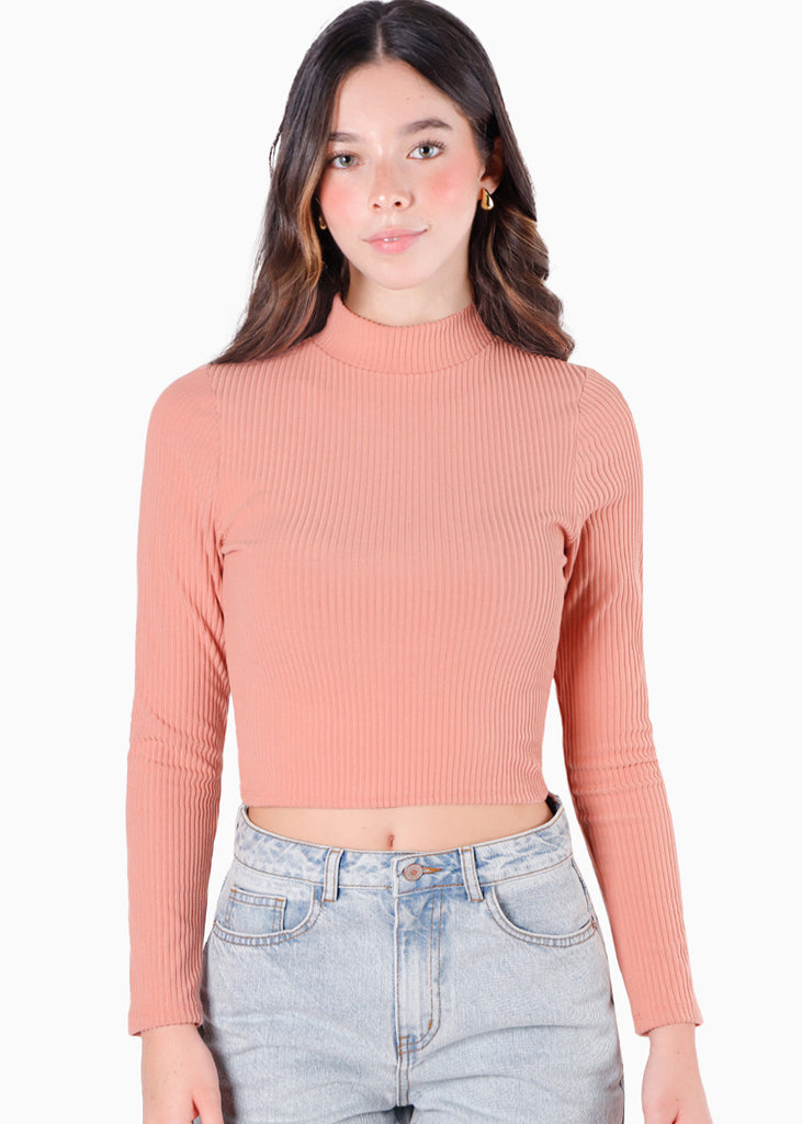 Buzo corto manga larga con cuello alto color rosado para mujer - Flashy