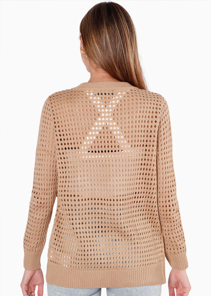 Buzo tejido tipo cardigan desagujado color beige para mujer - Flashy