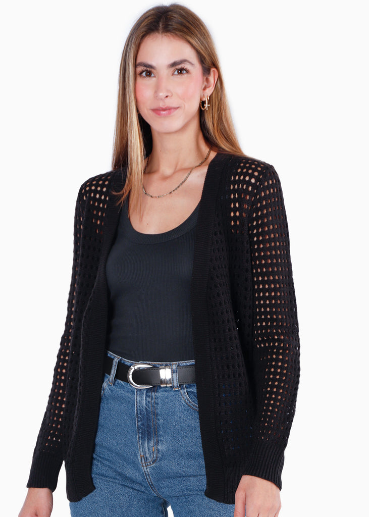 Buzo tejido tipo cardigan desagujado color negro para mujer - Flashy