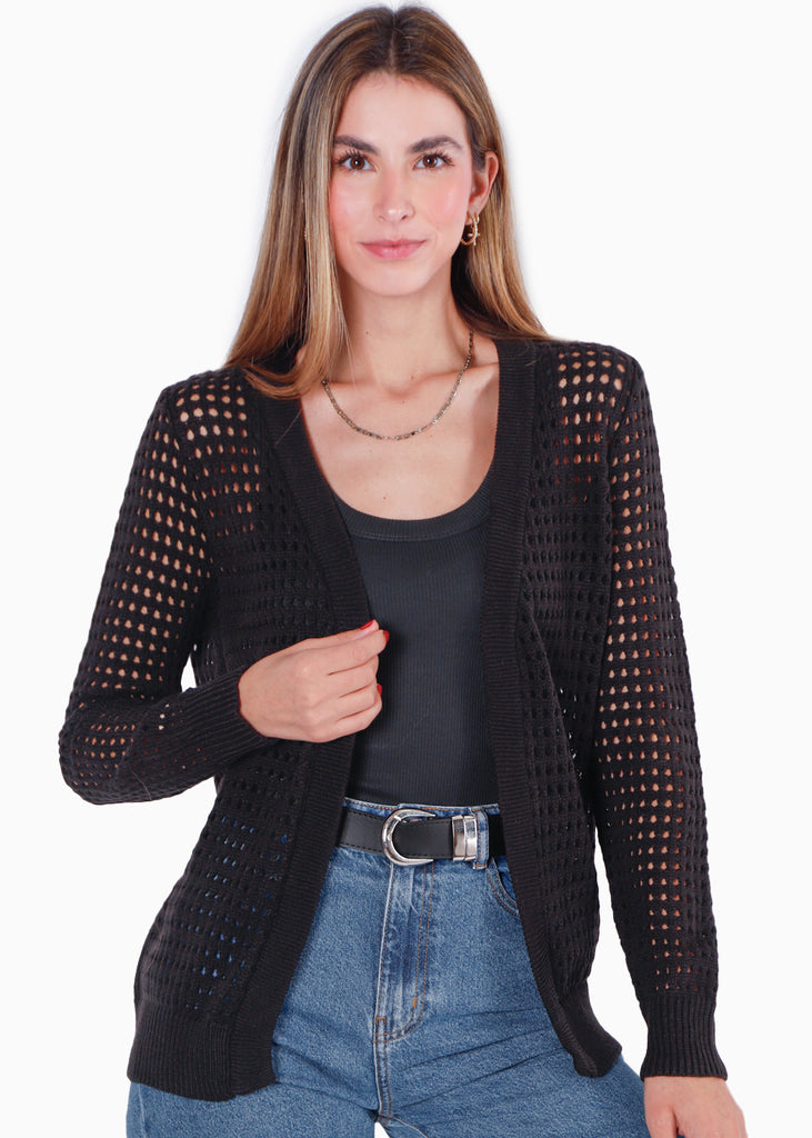 Buzo tejido tipo cardigan desagujado color negro para mujer - Flashy