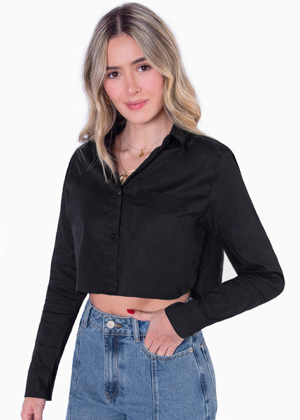 Camisa crop manga larga con botones color negro para mujer - Flashy