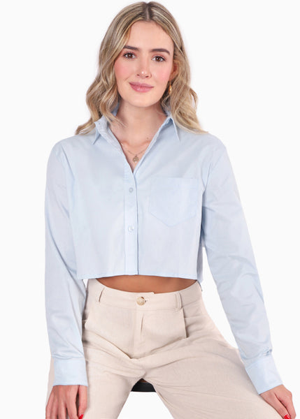 Camisa crop manga larga con botones color azul para mujer - Flashy