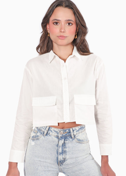 Camisa crop manga larga con botones y bolsillos tipo cargo color blanco, marfil para mujer - Flashy