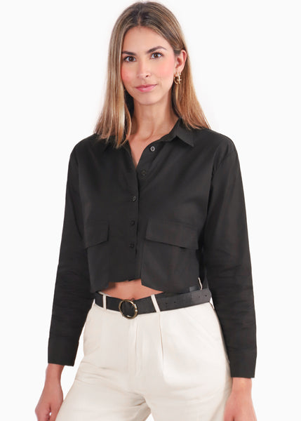 Camisa crop manga larga con botones y bolsillos tipo cargo color negro para mujer - Flashy