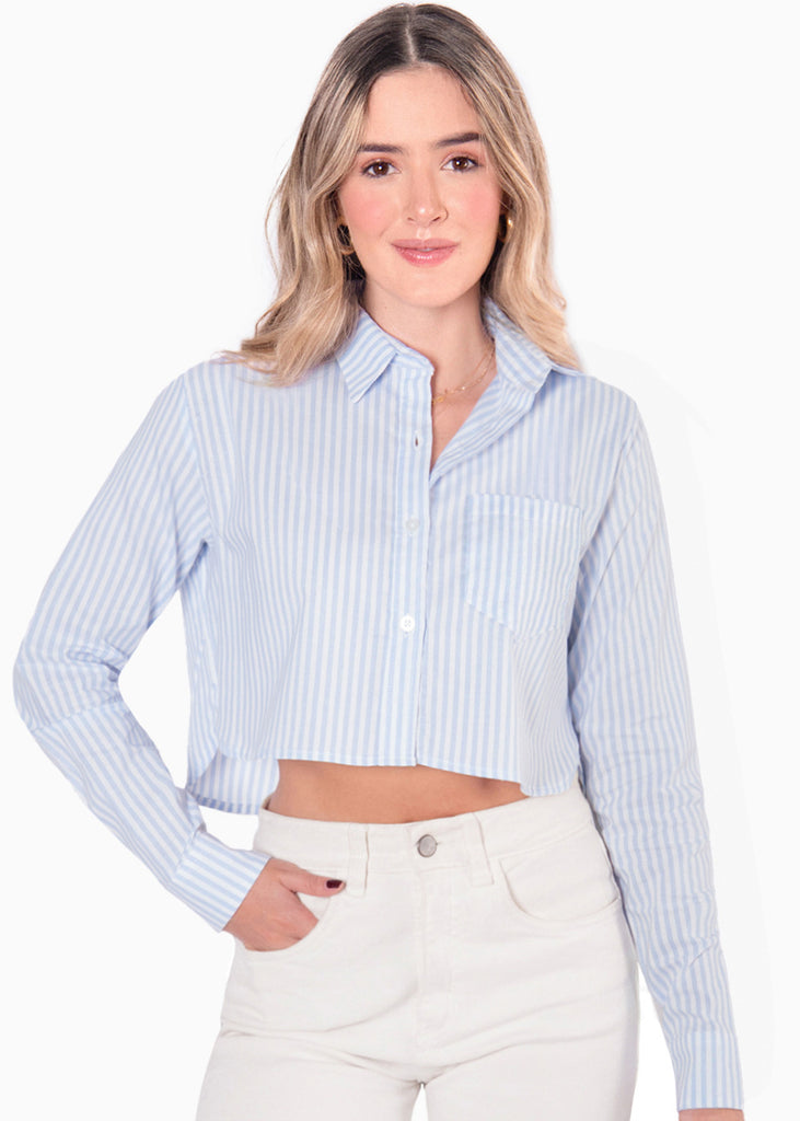 Camisa crop manga larga con botones y rayas color azul para mujer - Flashy