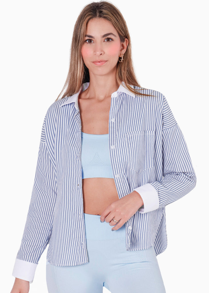 Camisa manga larga de botones con cuello y puños en contraste color azul para mujer - Flashy