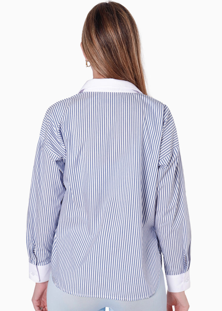 Camisa manga larga de botones con cuello y puños en contraste color azul para mujer - Flashy