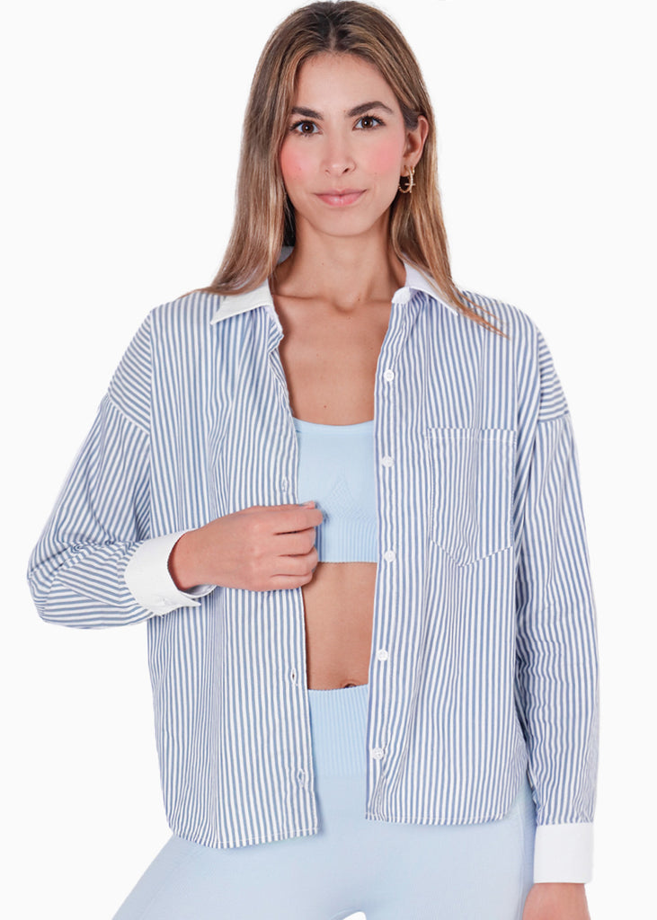 Camisa manga larga de botones con cuello y puños en contraste color azul para mujer - Flashy