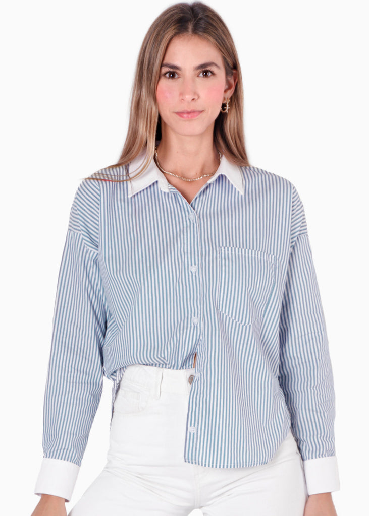 Camisa manga larga de botones con cuello y puños en contraste color azul para mujer - Flashy