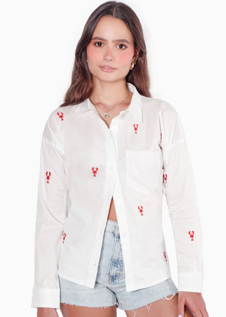 Camisa manga larga oversized con botones y bordado color blanco, marfil para mujer - Flashy