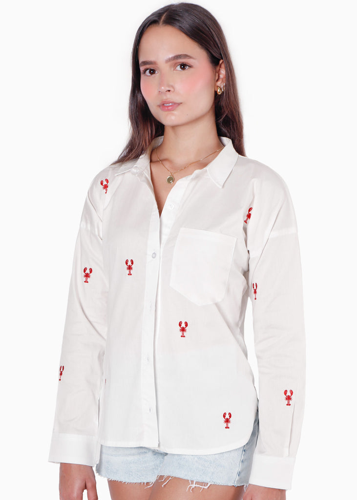 Camisa manga larga oversized con botones y bordado color blanco, marfil para mujer - Flashy