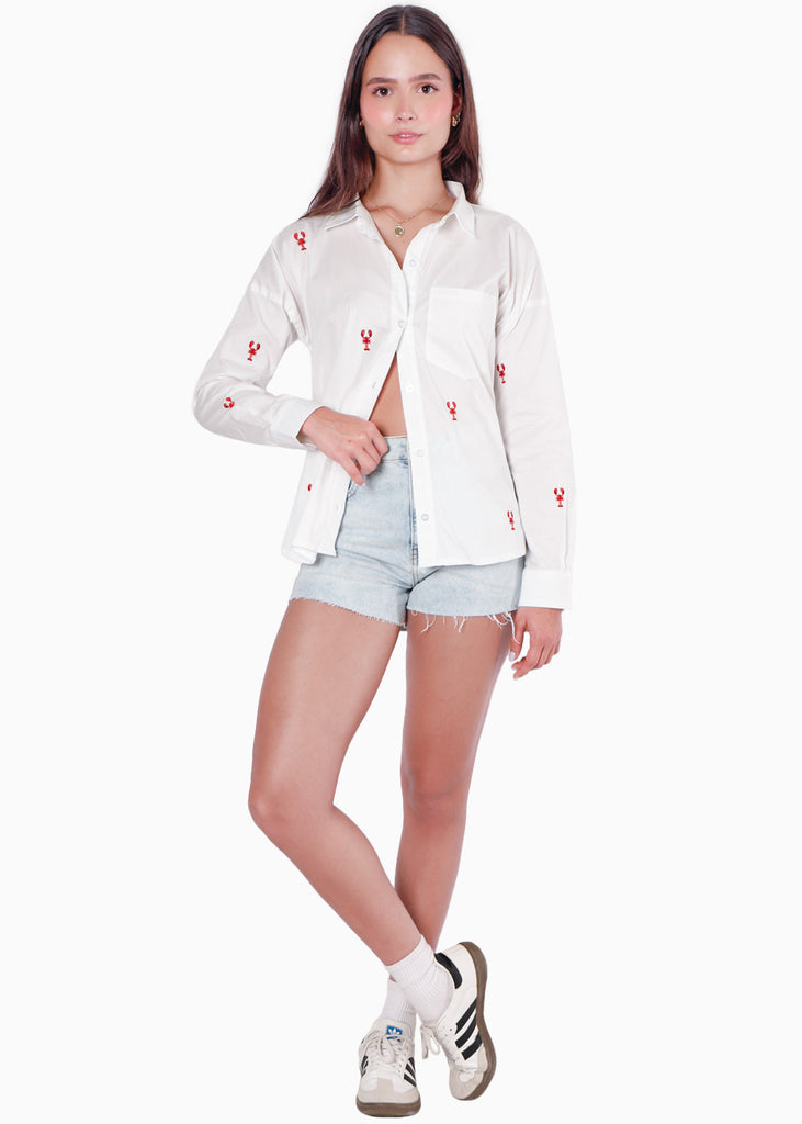 Camisa manga larga oversized con botones y bordado color blanco, marfil para mujer - Flashy