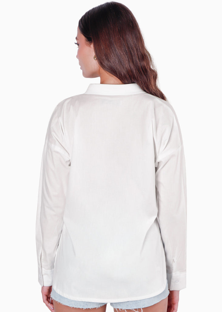 Camisa manga larga oversized con botones y bordado color blanco, marfil para mujer - Flashy