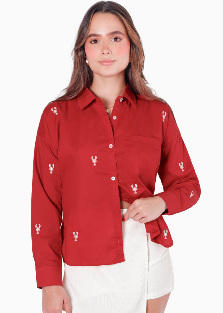 Camisa manga larga oversized con botones y bordado color rojo para mujer - Flashy