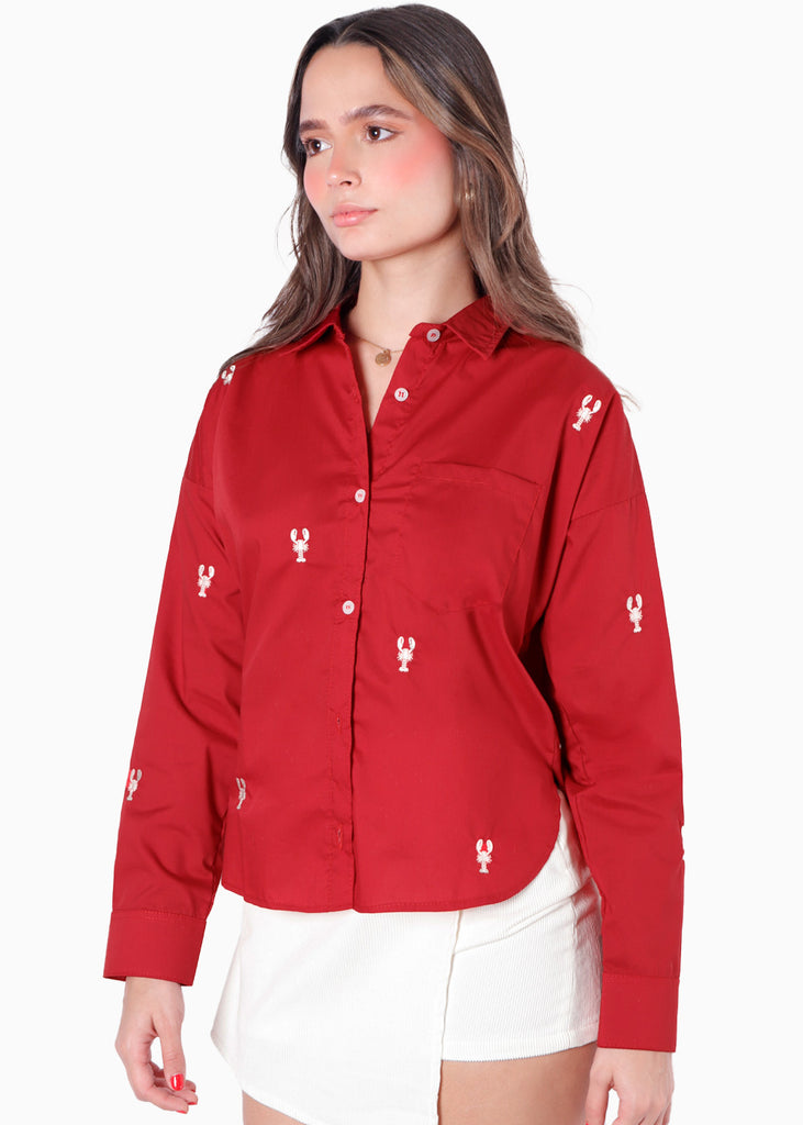 Camisa manga larga oversized con botones y bordado color rojo para mujer - Flashy