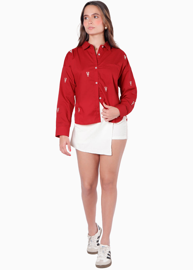 Camisa manga larga oversized con botones y bordado color rojo para mujer - Flashy