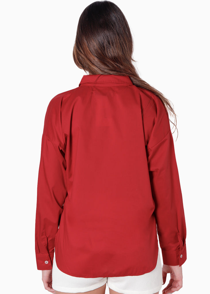 Camisa manga larga oversized con botones y bordado color rojo para mujer - Flashy