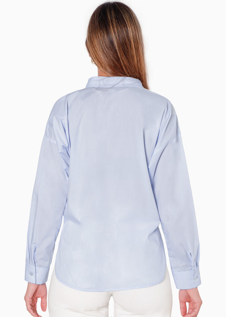 Camisa manga larga oversized con botones y perlas color azul para mujer - Flashy
