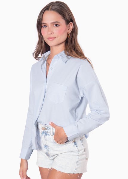 Camisa manga larga tipo con botones color azul para mujer - Flashy