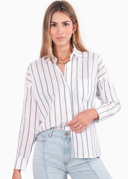 Camisa manga larga tipo lino con botones y rayas color blanco, marfil para mujer - Flashy