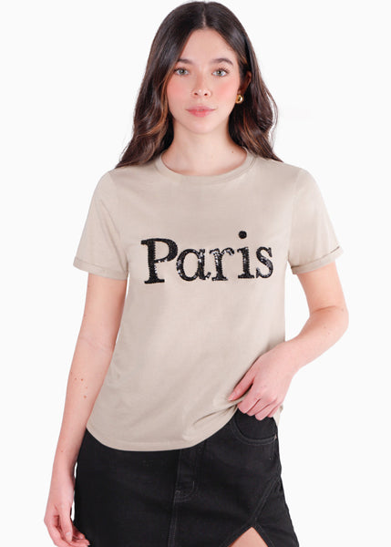 Camiseta con bordado en lentejuelas "Paris" color gris para mujer - Flashy