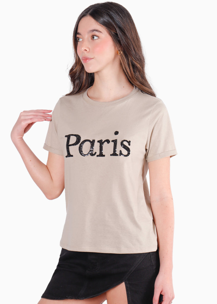 Camiseta con bordado en lentejuelas "Paris" color gris para mujer - Flashy