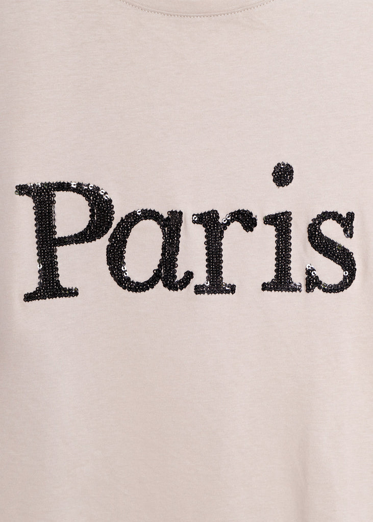 Camiseta con bordado en lentejuelas "Paris" color gris para mujer - Flashy