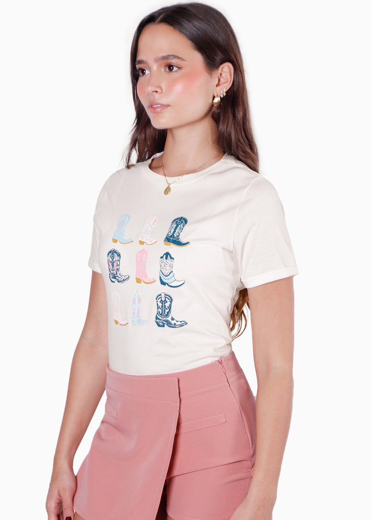 Camiseta con estampado de botas texanas color blanco, marfil para mujer - Flashy