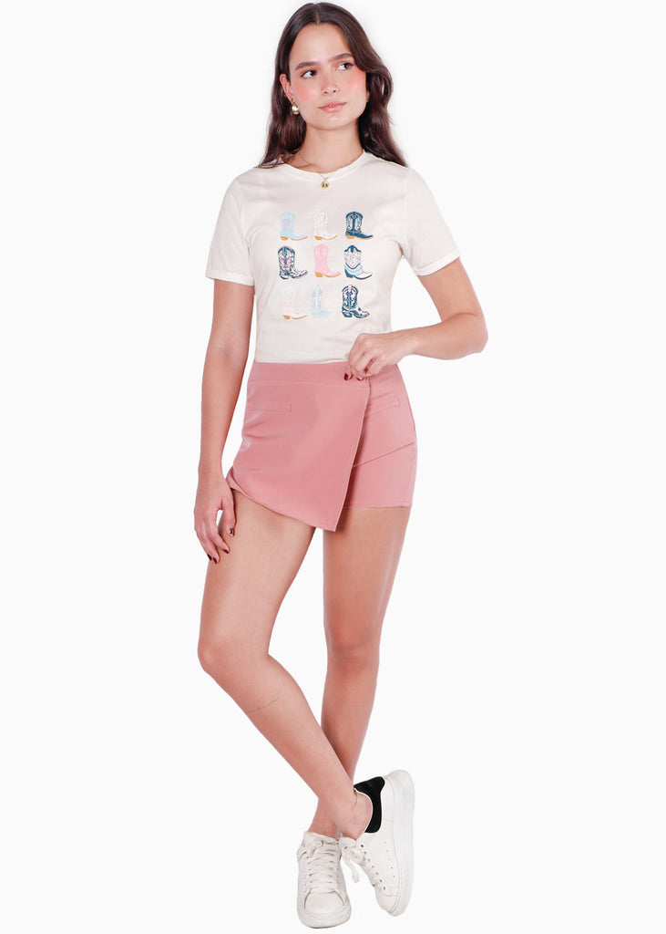 Camiseta con estampado de botas texanas color blanco, marfil para mujer - Flashy