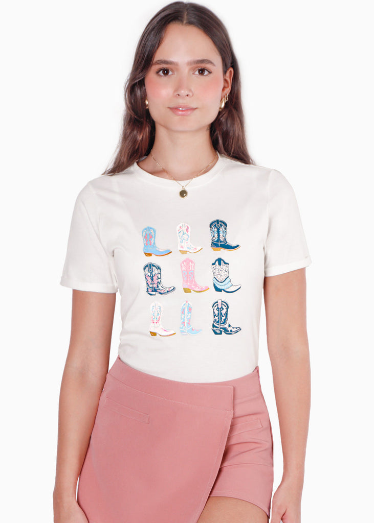 Camiseta con estampado de botas texanas color blanco, marfil para mujer - Flashy