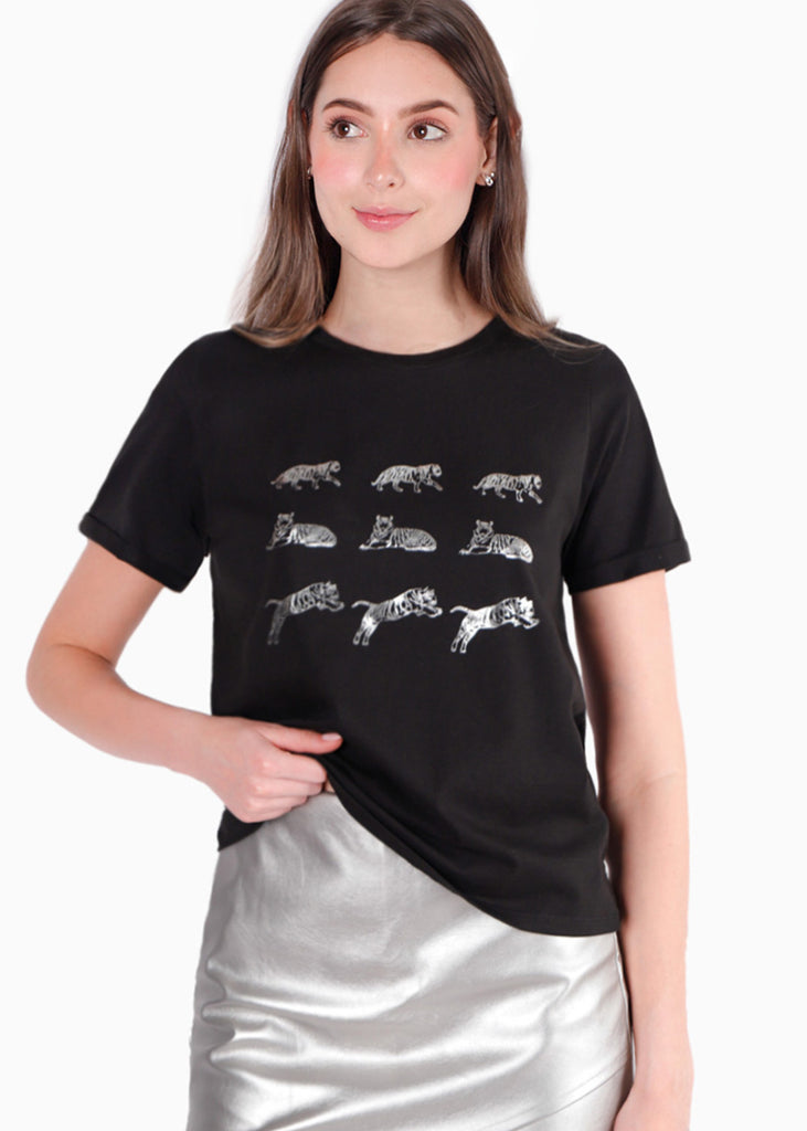 Camiseta con estampado de tigres color negro para mujer - Flashy