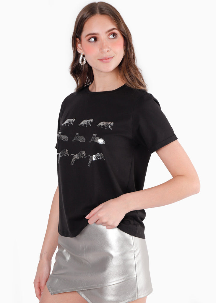 Camiseta con estampado de tigres color negro para mujer - Flashy