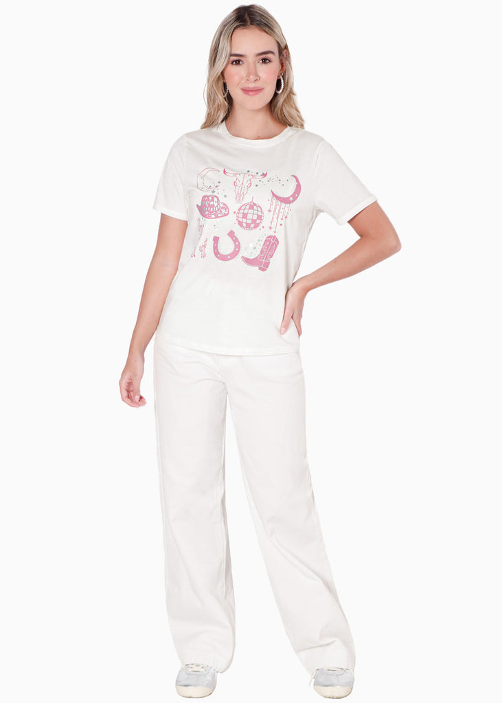 Camiseta con estampado texano color blanco, marfil para mujer - Flashy